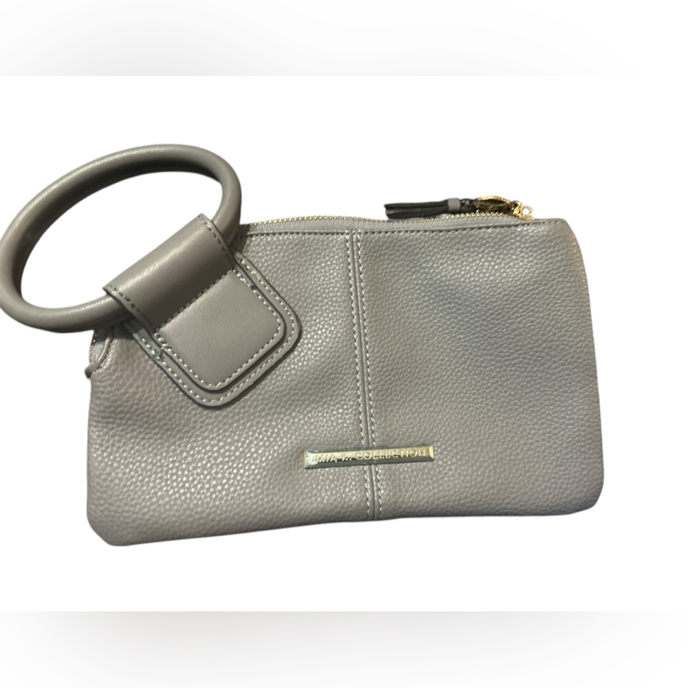 Mia K Gray Pebbled Leather Wristlet Clutch Purse Gold Tone Zip Small Handbag